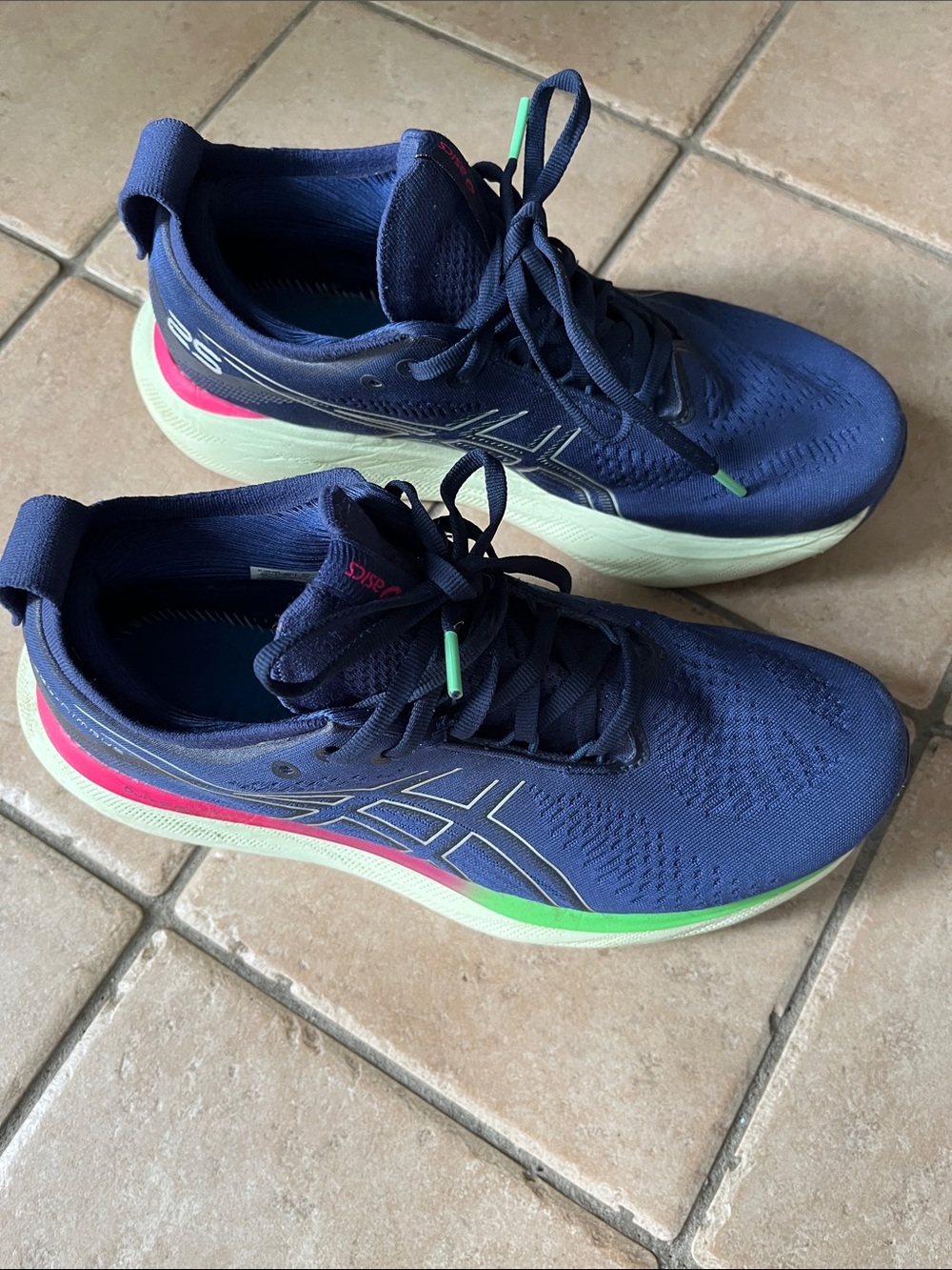 ASICS Navy Women's Athletic Running Shoes with Pink and Green Midsole Accents 8.